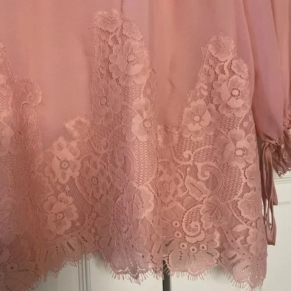 HAH Dusty Rose Pink Lace Trim Blouse Sheer Cover up Romantic‎ Lightweight Medium